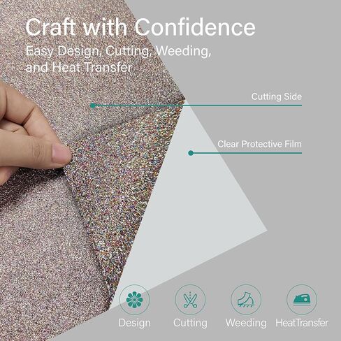 Crab HTV Heat Transfer Vinyl Roll - Glitter 12" x 5ft, Easy to Cut & Peel Iron on Vinyl for DIY T-Shirts Bags Gifts Design Compatible Cricut, Silhouette Cameo, Heat Press, Cutter Machine (Rose Gold) in Saudi Arabia