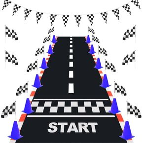 12+24 Traffic Cones and Racing Checkered Flags, 24 Checkered Flags with Sticks/ 12 Plastic Traffic Cones/ 9.8Ft Checkered Pennant Banner/ 6.56Ft Racetrack Floor Running Mat for Theme Party