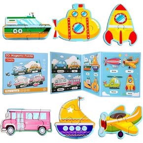 Magnetic Puzzles for Kids Ages 3-5, Magnetic Board for Toddlers Ages 3 4 5 6, Refrigerator Magnets,Toddler Travel Activities for 4-8 Year Old Boys and Girls（2 Pack, Animal + Transportation ）