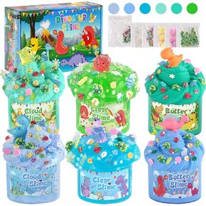 Lawoho 6 Packs Dinosaurs Slime Kit - Cloud Slime ، Slime Slime & Clear Slime ، Scringy Slime with Dinosaurs Slime Mosts ، مجموعات الوحل الرقيقة للفتيات والفتيان ، 360 مل من الأزرق والأخضر.