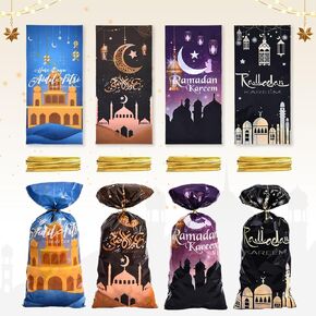 Threetols 100 PCS Eid Mubarak Cellophane Treat Bags, Ramadan Kareem Cellophane Treat Favor Bags Green Eid Moon Clear Cookie Candy Bags Gift Cellophane Bags with Twist Ties for Eid Mubarak Party Supply
