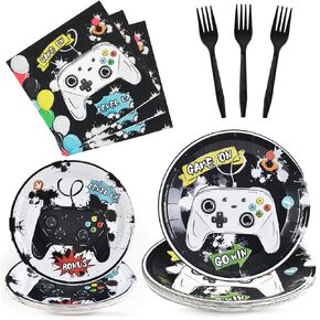 WERNNSAI Video Game Party Supplies - 64PCS Watercolor Table Gaming Theme Party Plates Napkins Forks Games Night Tableware Decorations for Boys Game Lovers Birthday Games Night Party