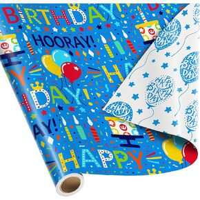 Reversible Birthday Wrapping Paper - Mini Roll - Colorful Cake Candle with Balloons Design - Gift Wrap Paper for Birthday Party, Holiday, Baby Shower