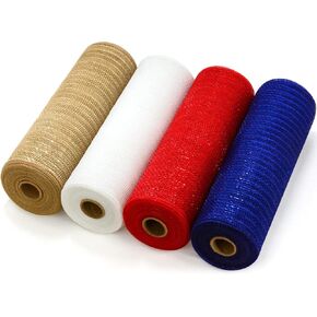 Deco Mesh 10 inch x 10 Yards Each Roll, Metallic Foil Poly Mesh Ribbon Gold, Orange, Green, Brown Set for Fall Wreaths, Swags, Craft, Party and Decorating Supplies - 4 Rolls