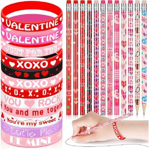 Sabary 48 Pcs Pencils Silicone Bracelets Set Valentine's Day St Patrick's Day Easter Party Favors Bulk Pencils with Erasers Rubber Wristbands Gifts Prizes Gift Bag Stuffers(Rabbit)