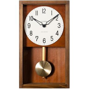Pendulum Clock Wall Clock Desk Clock Japanese Handcrafted Beech Oak Walnut Solid Wood Clock Non-Ticking Battery Operated Vintage Decorative for Living Room Bedroom Office (066-Brown)