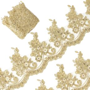 GORGECRAFT 3 Yards 5 Inch Width Gold Metallic Venice Lace Trim Sequin Flower Embroidery Lace Ribbon Applique Sewing Floral Lace Crown Edge Trimming for DIY Crafts Clothes Wedding Home Decor