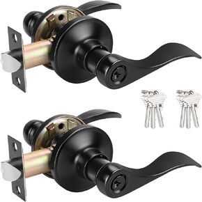 Probrico (4 Pack Wave Style Keyed Alike Entry Levers, Keyed Reversible Door Handles with Lock and Same Keys, Exterior Interior Entry Locks in Satin Nickel Finish