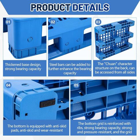 Plastic Pallet 32 x 24 x 6 Inch Blue Polyethylene Pallet Breathable Grid Lightweight Storage Pad for Wet Basement Floor Storage Outside Supermarket Garage (Static Load 3 Tons Style) in Kuwait
