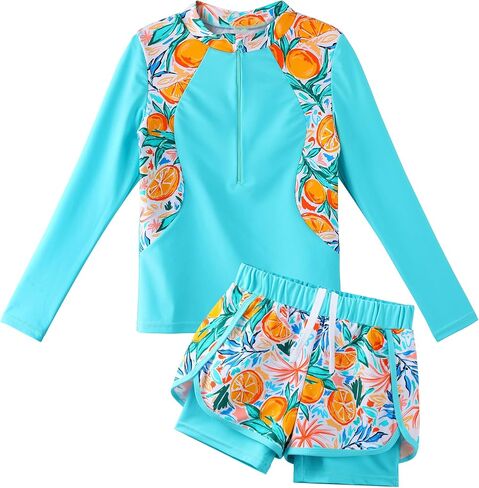 TFJH E 2PCS Girls Long Sleeve Swimsuit UV 50+ Rashguard Tankini Set Kids Swimwear Zipper 3-12Y in Kuwait