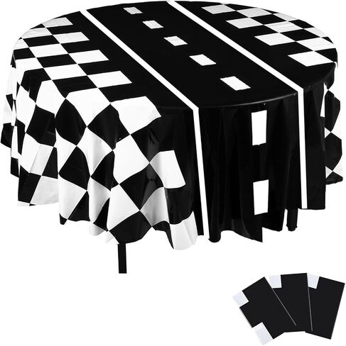 3 Pcs Racing Party Round Tablecloths Plastic Black White Checkered Flag Table Covers 84 Inch Disposable Racetrack Road Table Decoration for Two Fast Car Theme Birthday Party Supplies Events in Saudi Arabia