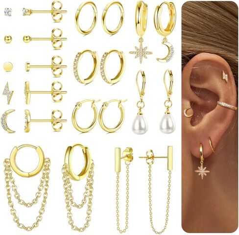 FASACCO Earring Set for Multiple Piercing 18K Gold Plated Chain Earrings Gold Earrings Set Stud Hoop Earrings Set Moon and Star Pearl Dangle Earrings in Kuwait