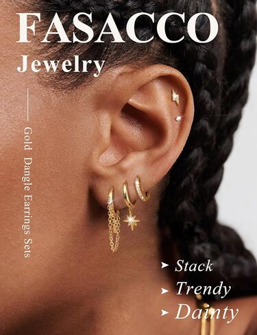 FASACCO Earring Set for Multiple Piercing 18K Gold Plated Chain Earrings Gold Earrings Set Stud Hoop Earrings Set Moon and Star Pearl Dangle Earrings in Kuwait