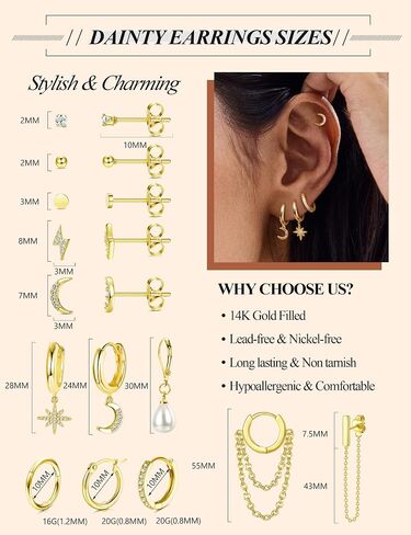 FASACCO Earring Set for Multiple Piercing 18K Gold Plated Chain Earrings Gold Earrings Set Stud Hoop Earrings Set Moon and Star Pearl Dangle Earrings in Kuwait