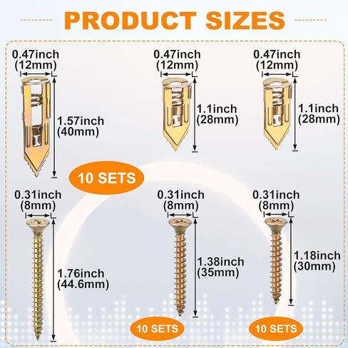 80pcs Heavy Duty Wall Anchors, Metal Self-Drilling Anchors and Screws, Dry Wall Screw Anchors Kits, No Drill or Holes in Wall (40 Pcs 0.47 x 1.56 inch Steel Anchors, 40 Pcs Zinc Screws) in Kuwait