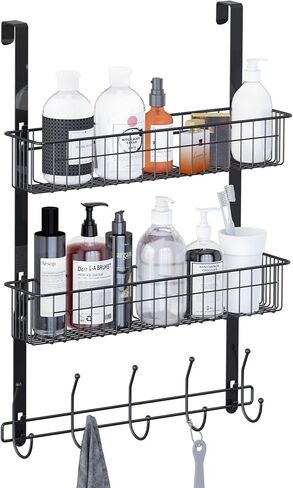 LUCYCAZ Over The Door Hooks Organizer, Door Hanger Towel Rack with 10 Coat Hooks & 2 Mesh Basket Over The Door Shelf, Back of Door Storage Organizer for Barthroom Kitchen Hanging Towel Clothes (White) in Saudi Arabia