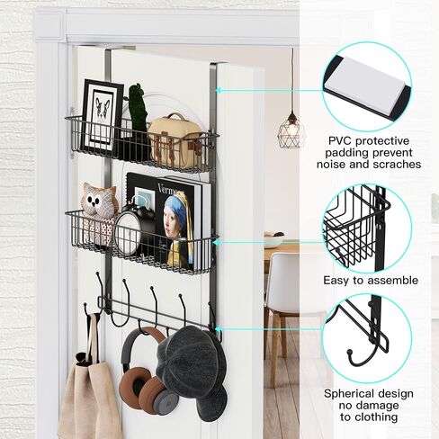 LUCYCAZ Over The Door Hooks Organizer, Door Hanger Towel Rack with 10 Coat Hooks & 2 Mesh Basket Over The Door Shelf, Back of Door Storage Organizer for Barthroom Kitchen Hanging Towel Clothes (White) in Saudi Arabia