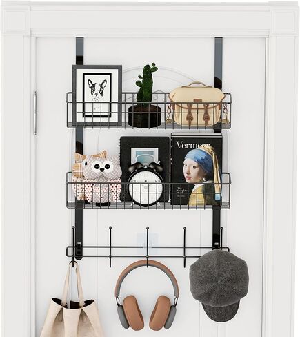 LUCYCAZ Over The Door Hooks Organizer, Door Hanger Towel Rack with 10 Coat Hooks & 2 Mesh Basket Over The Door Shelf, Back of Door Storage Organizer for Barthroom Kitchen Hanging Towel Clothes (White) in Saudi Arabia