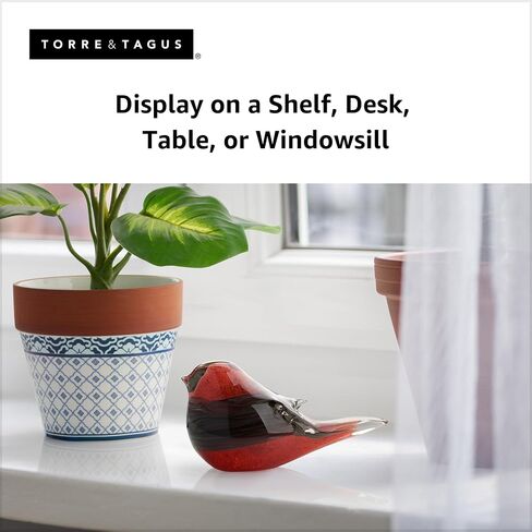 Torre & Tagus Glass Bird Decor Bird Figurine Paper Weight - Handmade Blown Glass Decor Ornament Animal Sculpture, Weighted Small Desk Figurines & Table Decor for Home, 6x3x4, Blue/Red Bird in Kuwait