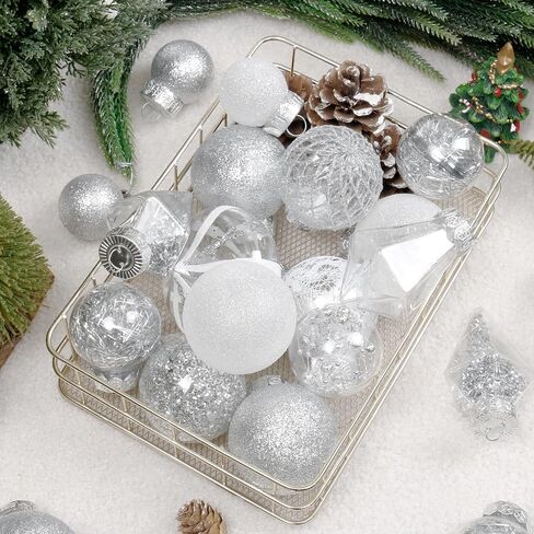 Christmas Ball Ornaments Set, 34PCS Clear Plastic Shatterproof Christmas Ornaments for Xmas Tree Hanging Decorations, for Indoor Home Thanksgiving Party Decor - Champagne/White. in Saudi Arabia