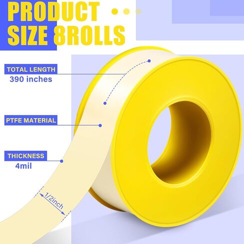 Pangda 8 Rolls Extra-Wide 3/4 Inch x 390 Inch x 4 Mil Gas Pipe Thread Sealant Tape Yellow Gas Line PTFE Tape Thread Seal Tape Plumbers Pipe High Resistance Gas Leak Prevention for Gas Fittings in Saudi Arabia