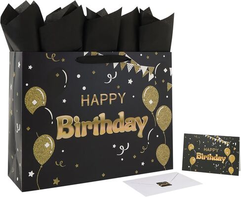 13" Large Black Happy Birthday Gift Bag Set with Handles, Greeting Card, Tissue Papers and Stickers for Women Girls Men Boys, Balloons Design, 1 Pcs in Saudi Arabia