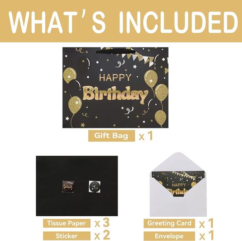 13" Large Black Happy Birthday Gift Bag Set with Handles, Greeting Card, Tissue Papers and Stickers for Women Girls Men Boys, Balloons Design, 1 Pcs in Saudi Arabia