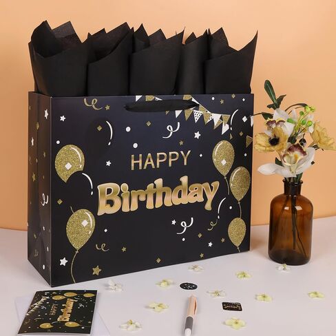 13" Large Black Happy Birthday Gift Bag Set with Handles, Greeting Card, Tissue Papers and Stickers for Women Girls Men Boys, Balloons Design, 1 Pcs in Saudi Arabia