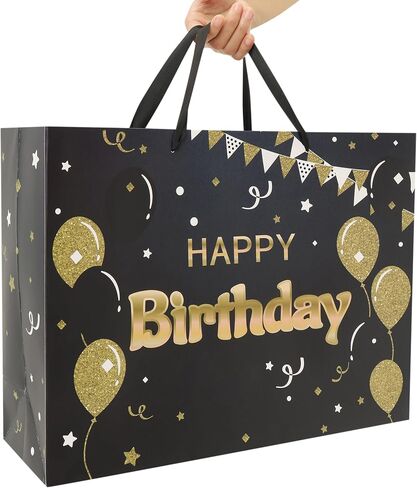 13" Large Black Happy Birthday Gift Bag Set with Handles, Greeting Card, Tissue Papers and Stickers for Women Girls Men Boys, Balloons Design, 1 Pcs in Saudi Arabia