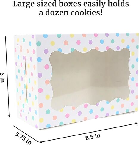 علب بسكويت منقطة - 12 عبوة - علب بسكويت منقطة بيضاء مع نافذة - علب هدايا مخبز للحواجب اليدوية لأعياد الميلاد والكب كيك والمعجنات والفراولة والماكارون وحفلات الزفاف والحلوى والمكافآت - كبيرة in Kuwait