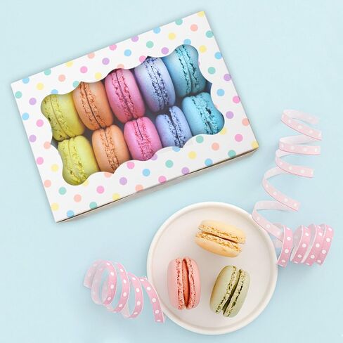 علب بسكويت منقطة - 12 عبوة - علب بسكويت منقطة بيضاء مع نافذة - علب هدايا مخبز للحواجب اليدوية لأعياد الميلاد والكب كيك والمعجنات والفراولة والماكارون وحفلات الزفاف والحلوى والمكافآت - كبيرة in Kuwait