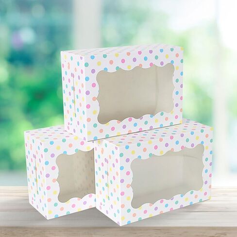 علب بسكويت منقطة - 12 عبوة - علب بسكويت منقطة بيضاء مع نافذة - علب هدايا مخبز للحواجب اليدوية لأعياد الميلاد والكب كيك والمعجنات والفراولة والماكارون وحفلات الزفاف والحلوى والمكافآت - كبيرة in Kuwait