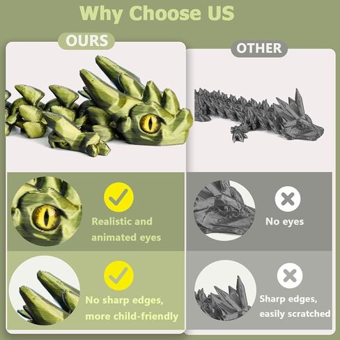 12in Flexible 3D Printed Dragon with Eyes, Articulated Fidget 3D Printed Animals, Stress Relief 3D Printed Toy for Anxiety & ADHD, Unique Home Office Décor in Kuwait