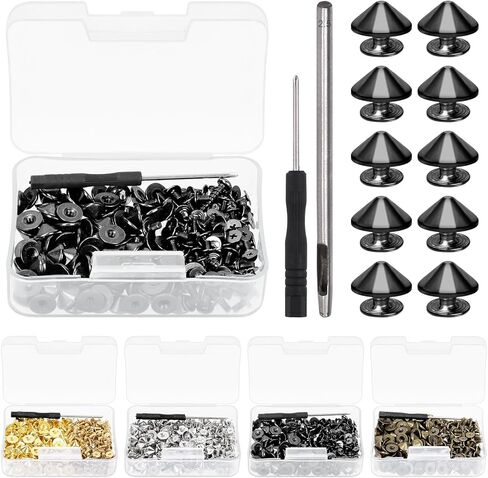 Glarks 100 Sets Sliver Cone Spikes and Studs Kit 4.7mm Bullet Spikes Screw Back Punk Studs and Spikes with Installation Tools Leather Craft Rivet Screws for Clothing Shoes Accessories in Kuwait