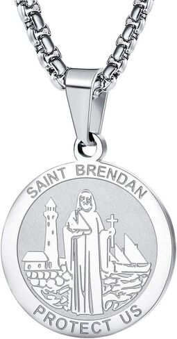 قلادة Wolentty Saint Brendan - قلادة ميدالية سانت بريندان الكاثوليكية من الفولاذ المقاوم للصدأ مقاس 1 بوصة مع سلسلة مقاس 24 بوصة - أسود in Kuwait
