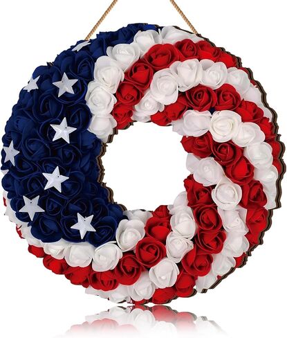 4th of July Hanging Door Sign Wooden Independence Day Decorations Patriotic Door Hanger American Rustic Wooden Plaque for Wall Front Porch Outdoor Farmhouse (Garland Style) in Saudi Arabia
