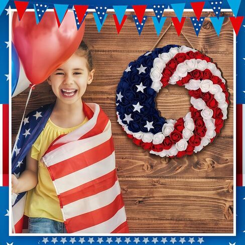 4th of July Hanging Door Sign Wooden Independence Day Decorations Patriotic Door Hanger American Rustic Wooden Plaque for Wall Front Porch Outdoor Farmhouse (Garland Style) in Saudi Arabia