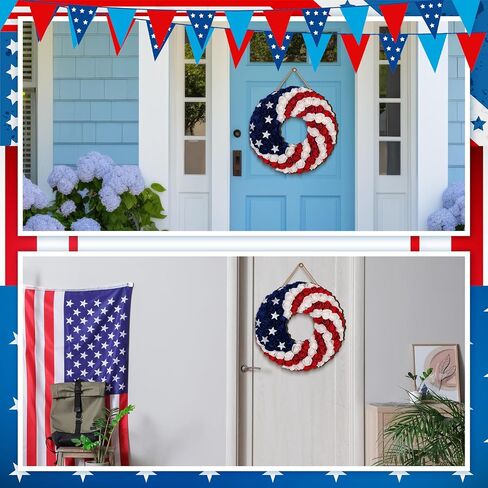 4th of July Hanging Door Sign Wooden Independence Day Decorations Patriotic Door Hanger American Rustic Wooden Plaque for Wall Front Porch Outdoor Farmhouse (Garland Style) in Saudi Arabia