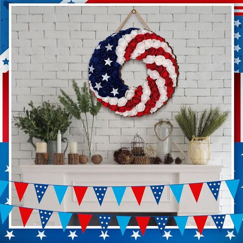 4th of July Hanging Door Sign Wooden Independence Day Decorations Patriotic Door Hanger American Rustic Wooden Plaque for Wall Front Porch Outdoor Farmhouse (Garland Style) in Saudi Arabia