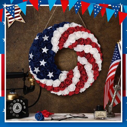 4th of July Hanging Door Sign Wooden Independence Day Decorations Patriotic Door Hanger American Rustic Wooden Plaque for Wall Front Porch Outdoor Farmhouse (Garland Style) in Saudi Arabia