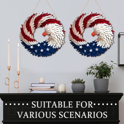 4th of July Hanging Door Sign Wooden Independence Day Decorations Patriotic Door Hanger American Rustic Wooden Plaque for Wall Front Porch Outdoor Farmhouse (Garland Style) in Saudi Arabia