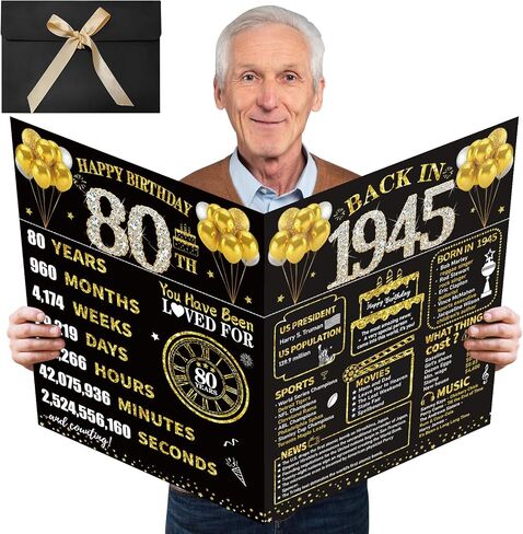 Large 90th Birthday Card With Envelope, Black Gold Happy 90th Birthday Giant Guest Book Gifts for Men Women, Giant Ninety Bday Card Gifts Party Supplies, Back in 1935 Jumbo 90 Bday Card in Kuwait