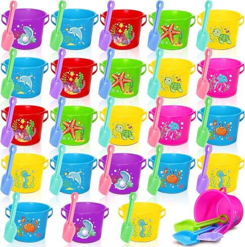 Junkin 24 Sets Beach Sand Buckets and Shovels for Kids Bulk 6.3" Small Beach Pails and Sand Toys for Summer Holiday Party- 24 Bucket+24 Shovels (Cute) in Kuwait