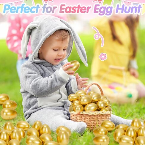 Fillable Easter Eggs 50Pcs Plastic Golden Eggs for Easter Basket Stuffers,Easter Gifts for Kids Party Favors Pinata Candy Goodie Bags Treasure Box Toys Fillers Easter Egg Hunt Games Decorations in Kuwait