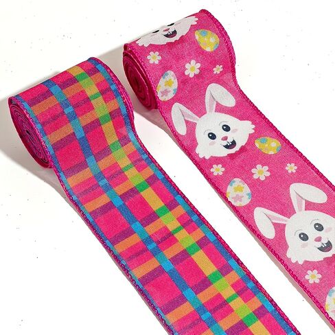 LINGMIN 2 Rolls Easter Ribbon for Wreath Bow Wrapping Gifts, Pink Stripe Happy Easter Ribbon for Gift Wrapping Decoration Party Supplies Craft 2.5" X 10 Yard Wired Spring Easter Theme Wreath Ribbon in Kuwait