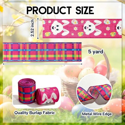 LINGMIN 2 Rolls Easter Ribbon for Wreath Bow Wrapping Gifts, Pink Stripe Happy Easter Ribbon for Gift Wrapping Decoration Party Supplies Craft 2.5" X 10 Yard Wired Spring Easter Theme Wreath Ribbon in Kuwait