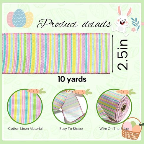 LINGMIN 2 Rolls Easter Ribbon for Wreath Bow Wrapping Gifts, Pink Stripe Happy Easter Ribbon for Gift Wrapping Decoration Party Supplies Craft 2.5" X 10 Yard Wired Spring Easter Theme Wreath Ribbon in Kuwait