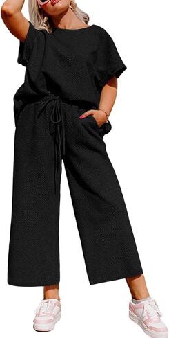 Eytino Womens Plus Size Sweatsuits Casual Short Sleeve Tops High Waist Wide Leg Pants 2 Piece Tracksuit Lounge Sets(1X-5X) in Kuwait