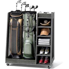 YITAHOME Wooden Golf Bag Organizer for Garage, Rolling Storage Stand for Golf Bags, Clubs, Balls, and Accessories, Holds 2 or 3 Golf Bags, Ideal for Golf Equipment Organization