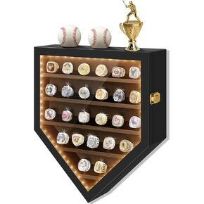 Championship Ring Display Case - 25 Ring Posts Baseball Ring Holder with LED Light, Baseball Ring Display Case, Wall Mount Wooden Shadow Box for Collection Sports Champion Rings, Baseballs